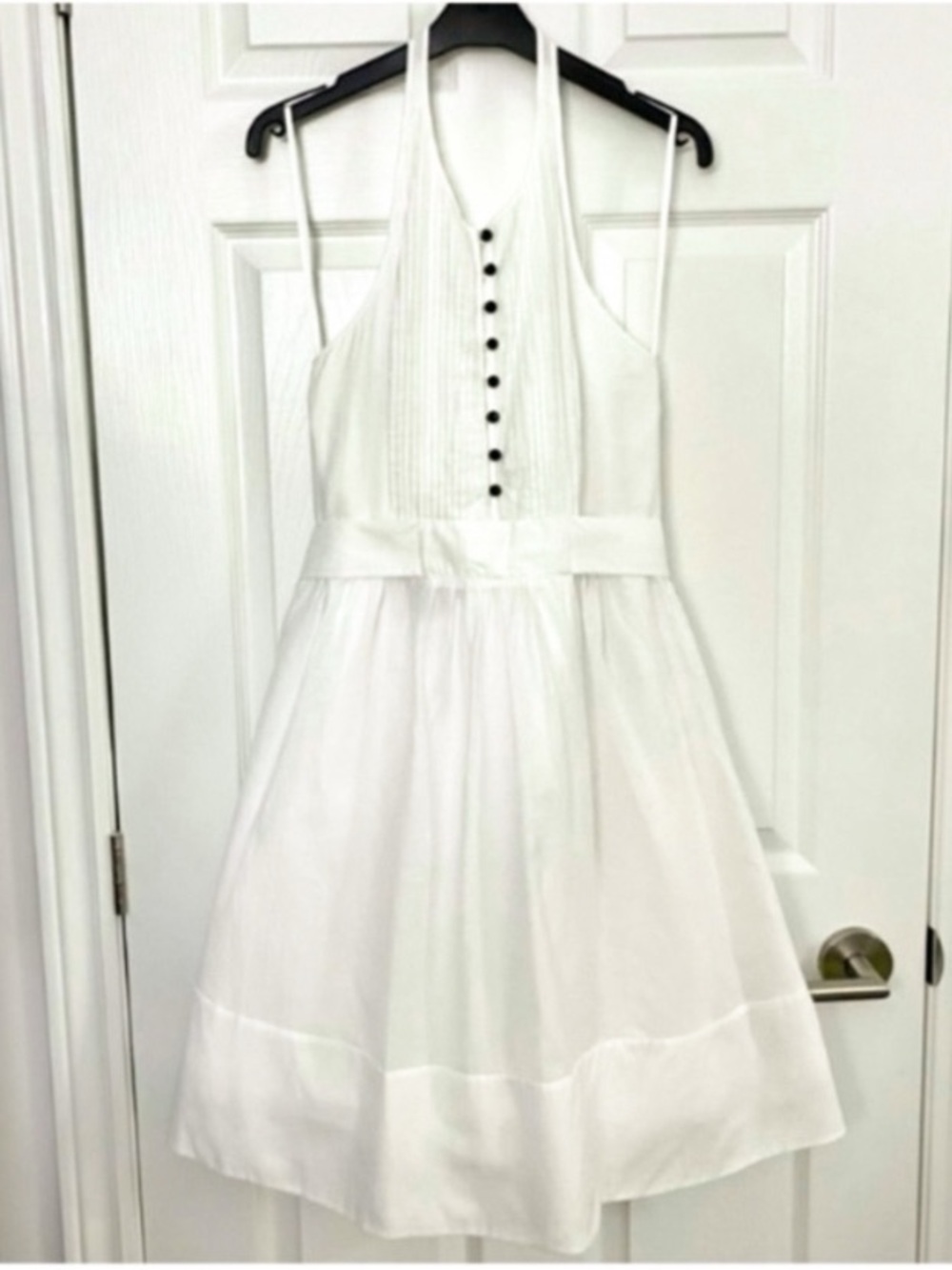 Vintage Club Monaco White Halter Dress with Pleats & Button Accents w/ Waist Tie